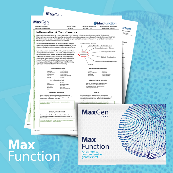 MaxFunction genetic test kit with instructions on a blue background