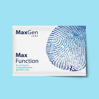 MaxGen Labs MaxFunction genetics test package on a blue background