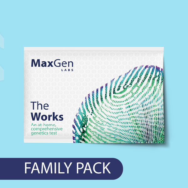 MaxGen Labs 'The Works' at-home genetics test family pack on a blue background