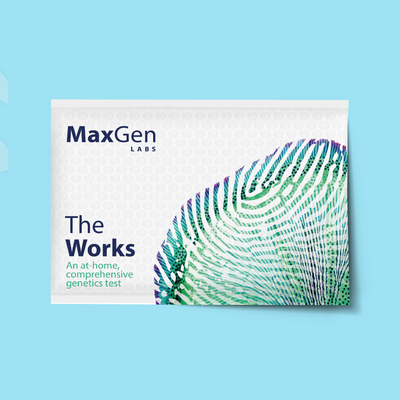MaxGen Labs at-home genetics test package on a blue background