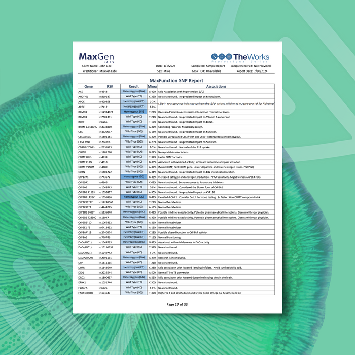 MaxGen SNP report on a green background