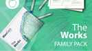 MaxGen The Works family pack with test tubes and educational materials on a green background