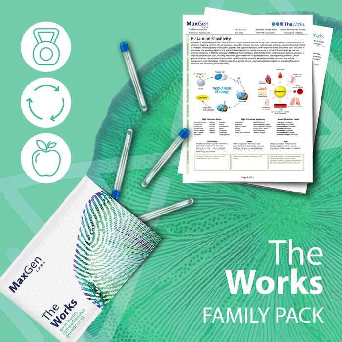 MaxGen The Works family pack with test tubes and educational materials on a green background