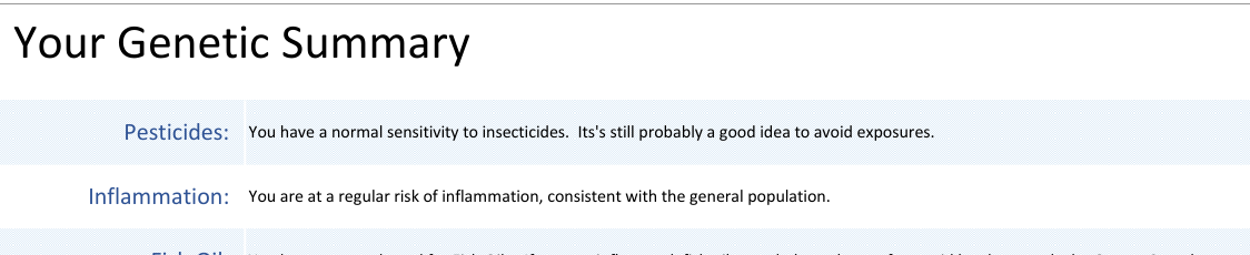 Actual sample-report genetic summary showing findings alongside written suggestions.