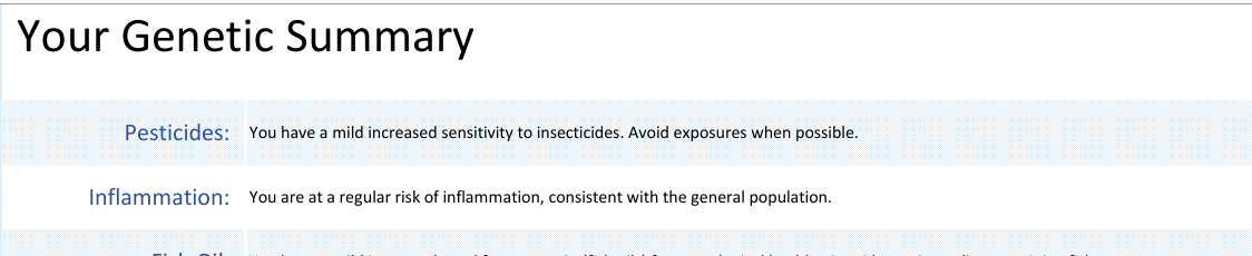 Actual sample-report genetic summary showing findings alongside written suggestions.