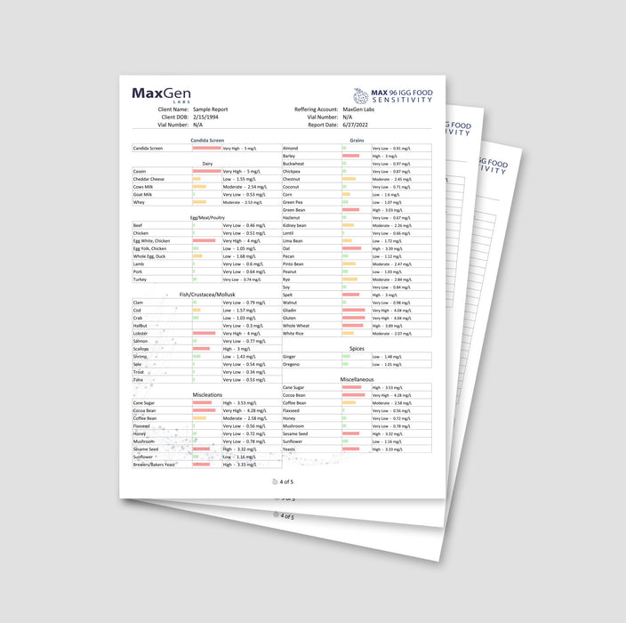 MaxGen Labs Max 96 Food Sensitivity Test Kit Report Page