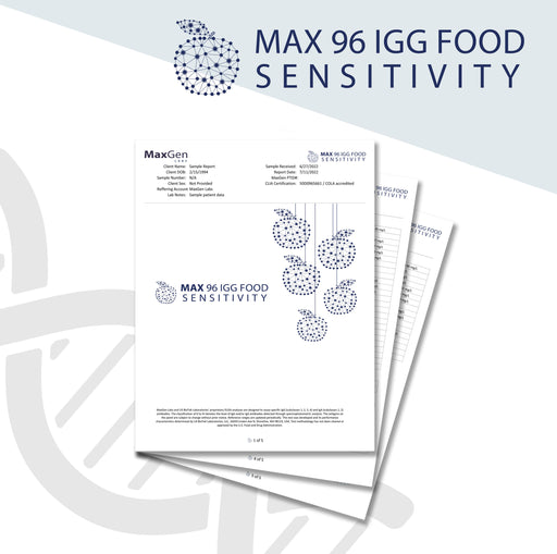Max 96 IGG Food Sensitivity test kit with printed reports on a white background